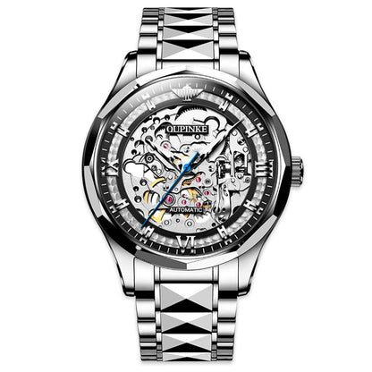 OUPINKE 3209 automatic mechanical watch silver case black skeleton dial front view