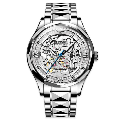 OUPINKE 3209 automatic mechanical watch silver case white skeleton dial front view