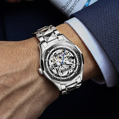 OUPINKE 3209 automatic mechanical watch silver black skeleton dial wrist shot formal wear