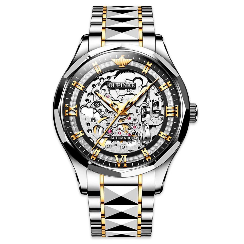 OUPINKE 3209 automatic mechanical watch silver case black gold skeleton dial front view