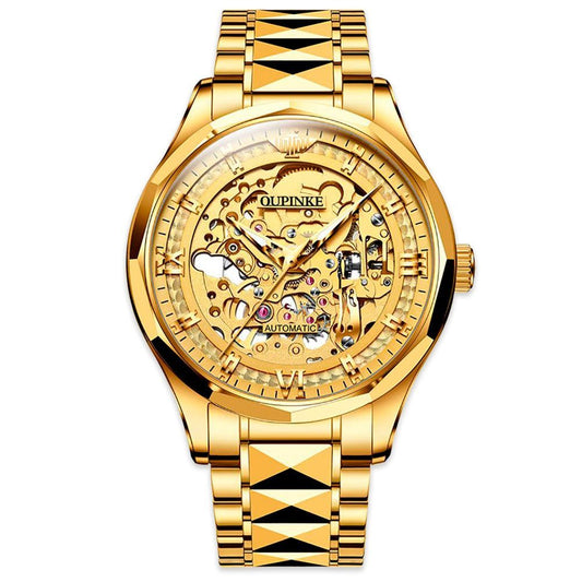 OUPINKE 3209 automatic mechanical watch gold case gold skeleton dial front view
