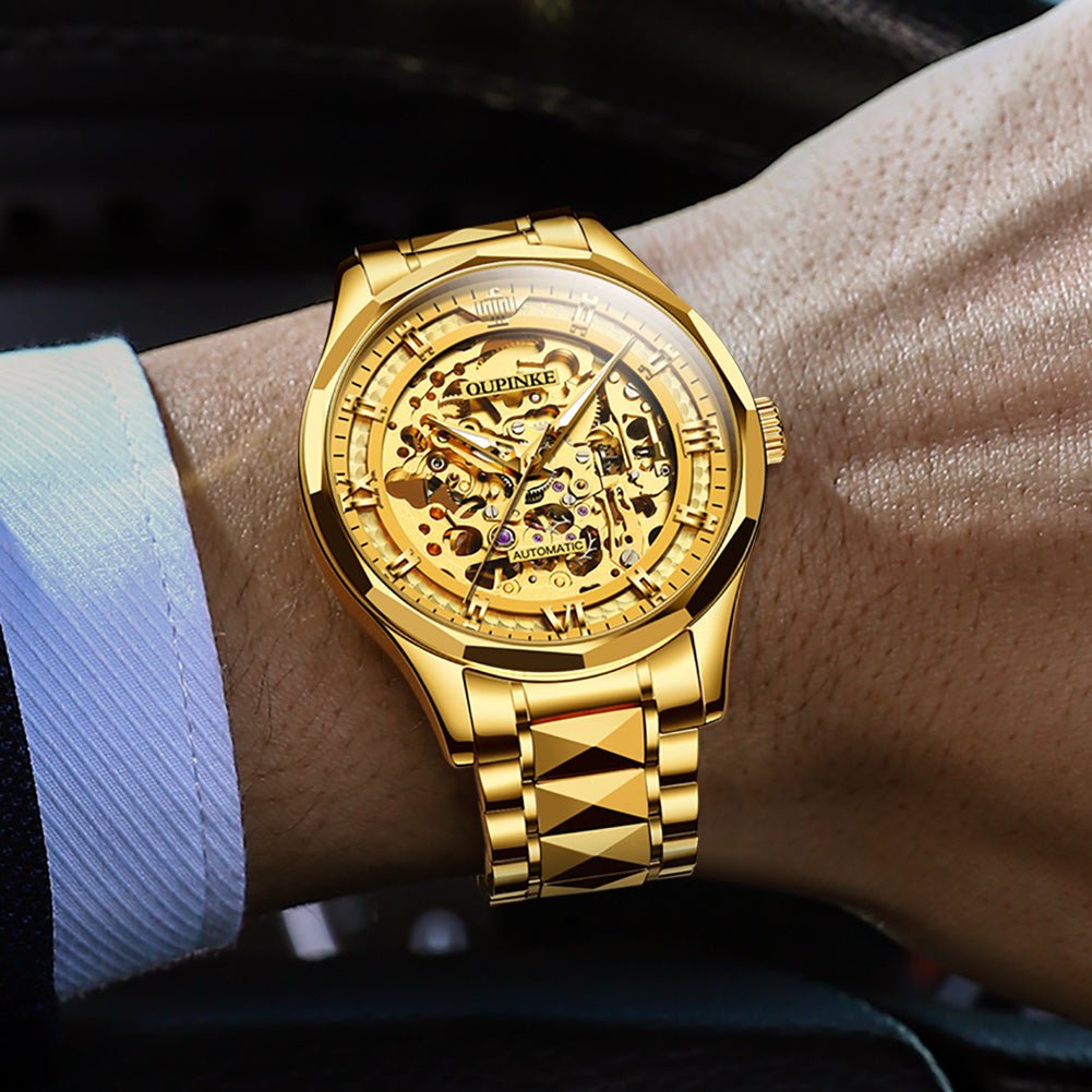 OUPINKE 3209 automatic mechanical watch gold skeleton dial wrist shot luxury style