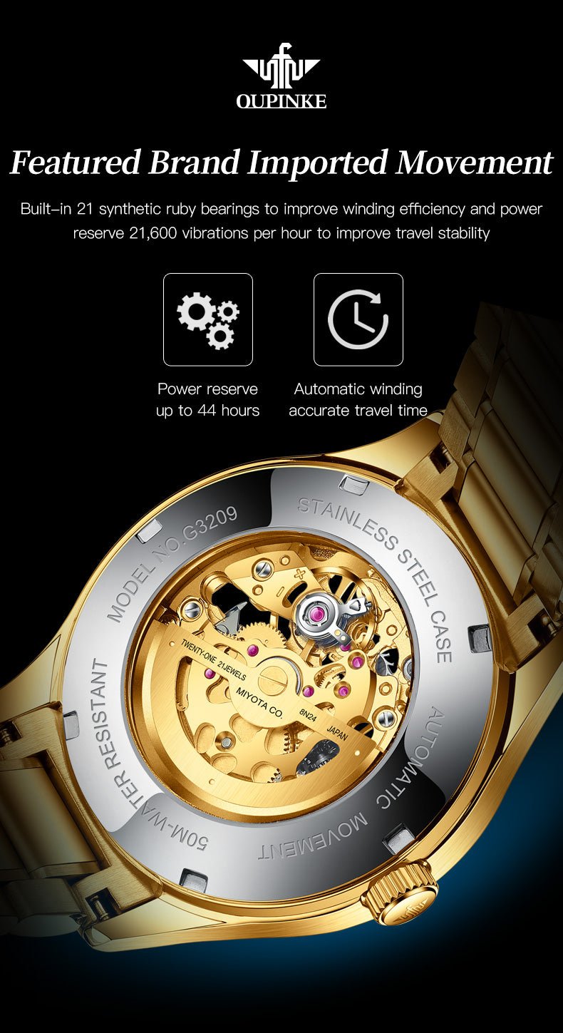 OUPINKE 3209 automatic mechanical watch gold case Miyota movement case back view