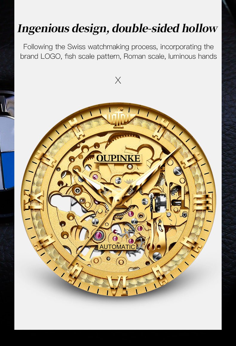 OUPINKE 3209 automatic mechanical watch gold skeleton dial close up mechanical detail