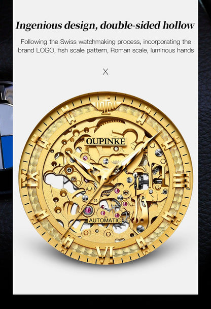 OUPINKE 3209 automatic mechanical watch gold skeleton dial close up mechanical detail