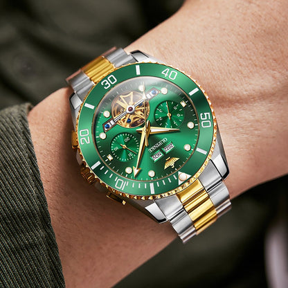 OUPINKE 3229 Submarine Mechanical watch gold green dial wrist presence