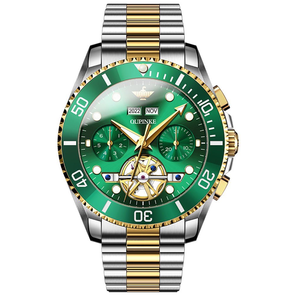 OUPINKE 3229 Submarine Mechanical watch gold green dial front view