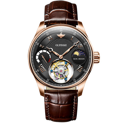 OUPINKE 8001 Tourbillon Automatic Watch with black dial and brown leather strap front view