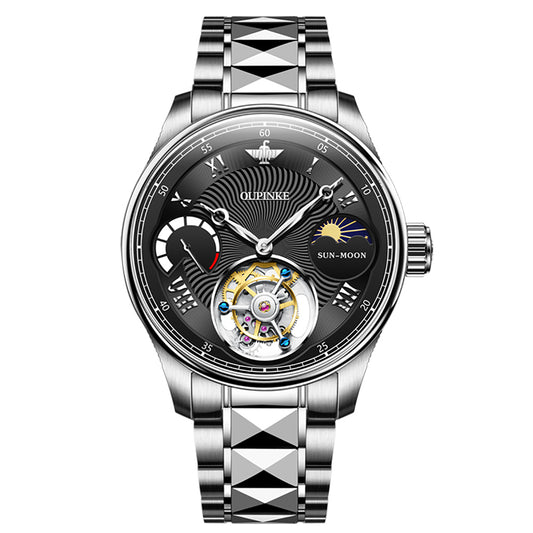 OUPINKE 8001 Tourbillon Automatic Watch black dial steel bracelet front view