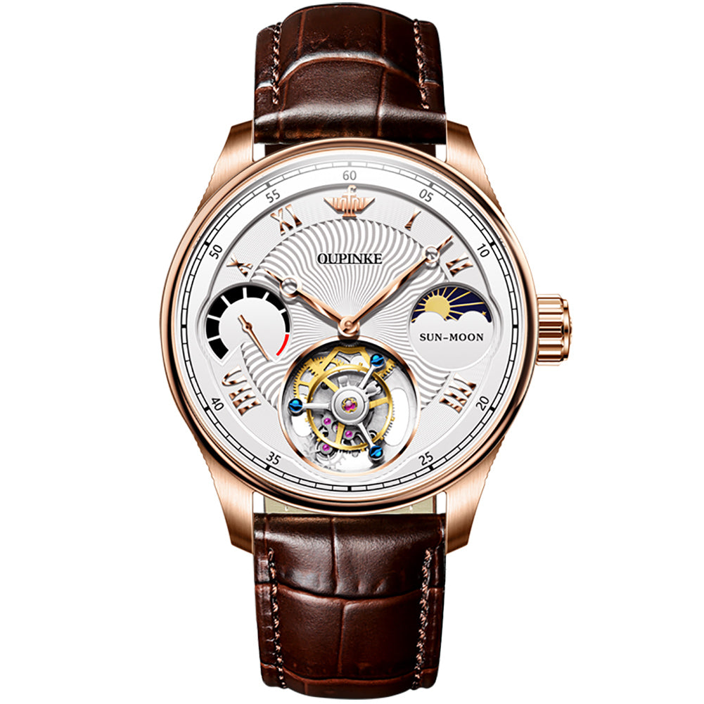 OUPINKE 8001 Tourbillon Automatic Watch with white dial and brown leather strap