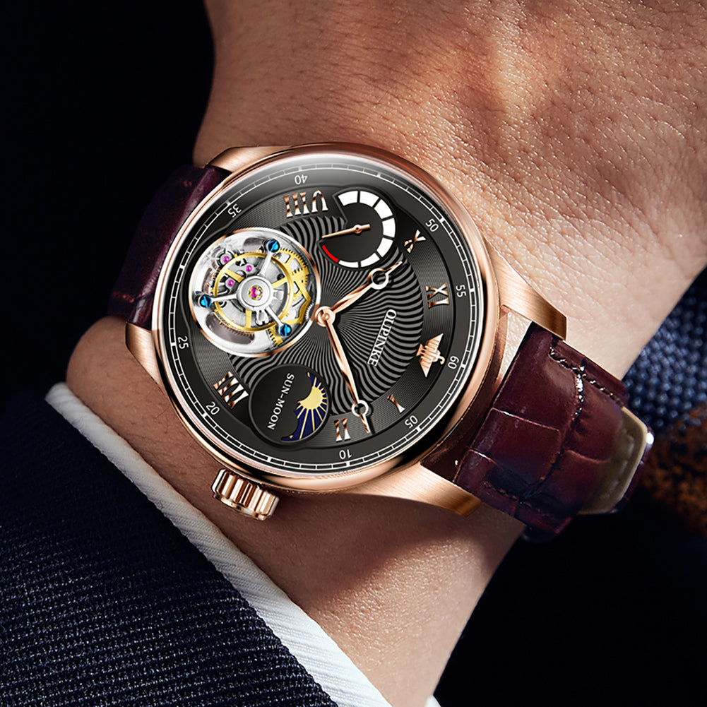 OUPINKE 8001 Tourbillon Automatic Watch on wrist with black dial and brown leather strap