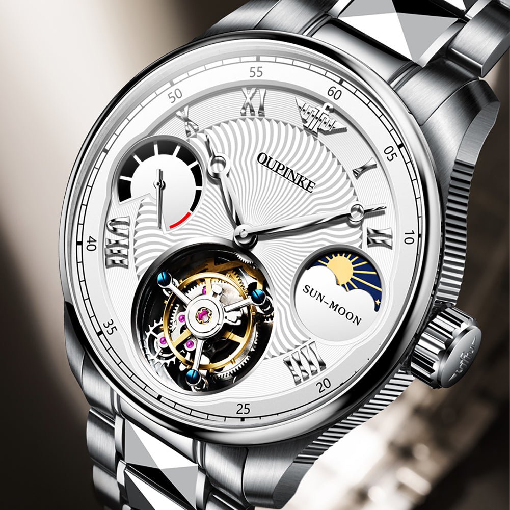 OUPINKE 8001 Tourbillon Automatic Watch hollow dial tourbillon movement close-up