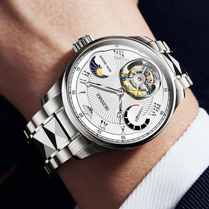 OUPINKE 8001 Tourbillon Automatic Watch white dial steel bracelet wrist shot