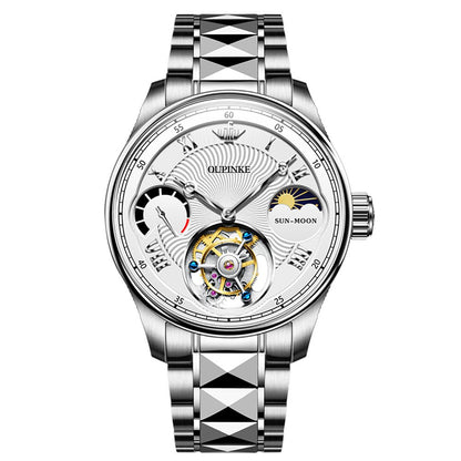 OUPINKE 8001 Tourbillon Automatic Watch white dial stainless steel bracelet