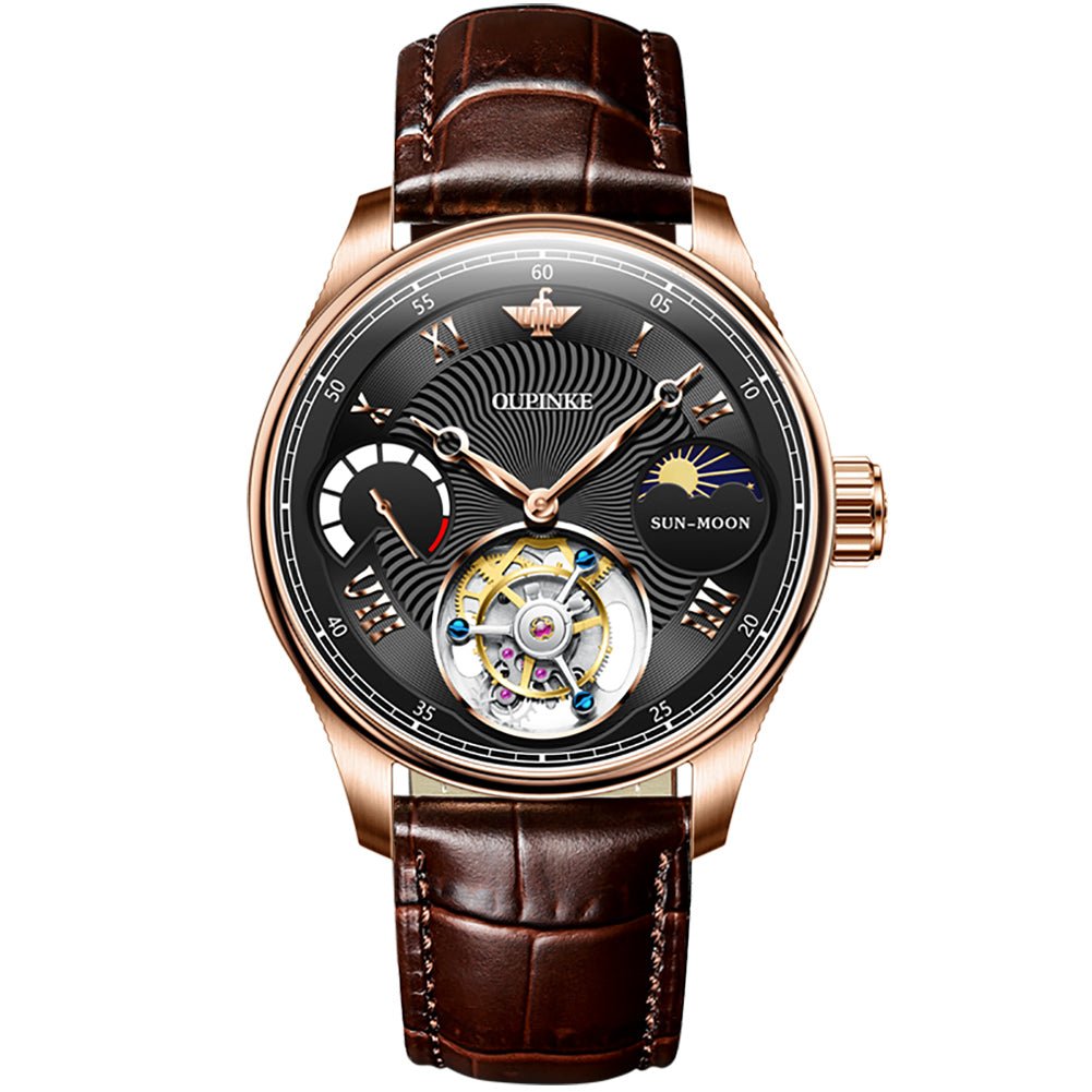 OUPINKE 8001 Tourbillon Automatic Watch black dial brown leather strap