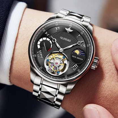 OUPINKE 8001 Tourbillon Automatic Watch black dial steel bracelet wrist view