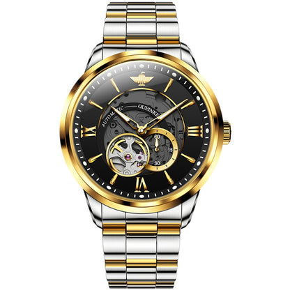 OUPINKE Hollow Time 3190 gold black skeleton dial automatic watch front view