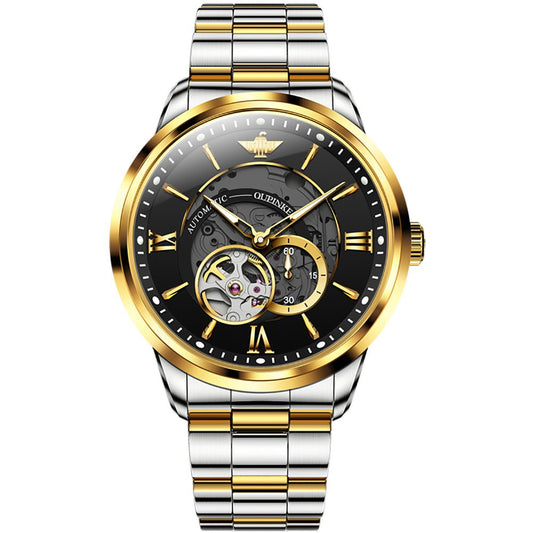 OUPINKE Hollow Time 3190 gold black skeleton dial mechanical watch front view