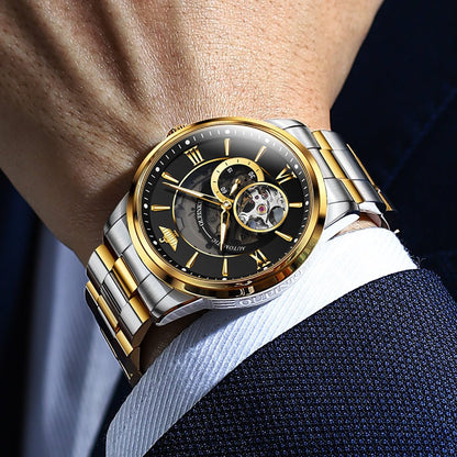 OUPINKE Hollow Time 3190 gold black skeleton dial watch worn on wrist