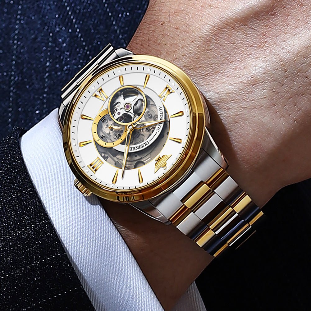 OUPINKE Hollow Time 3190 gold white skeleton dial watch on wrist