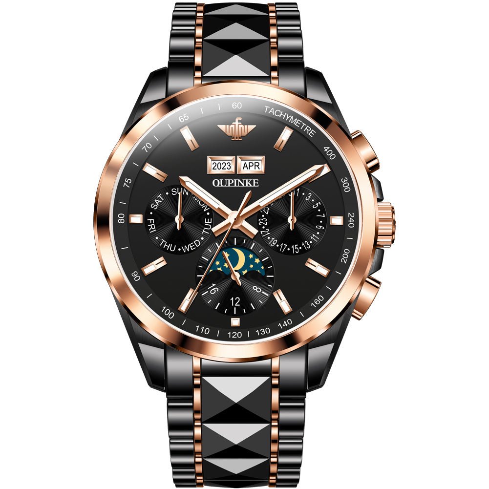 Quipinke watch with black and rose gold design on a white background