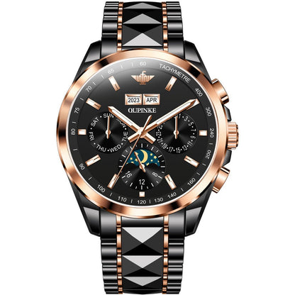 Quipinke watch with black and rose gold design on a white background