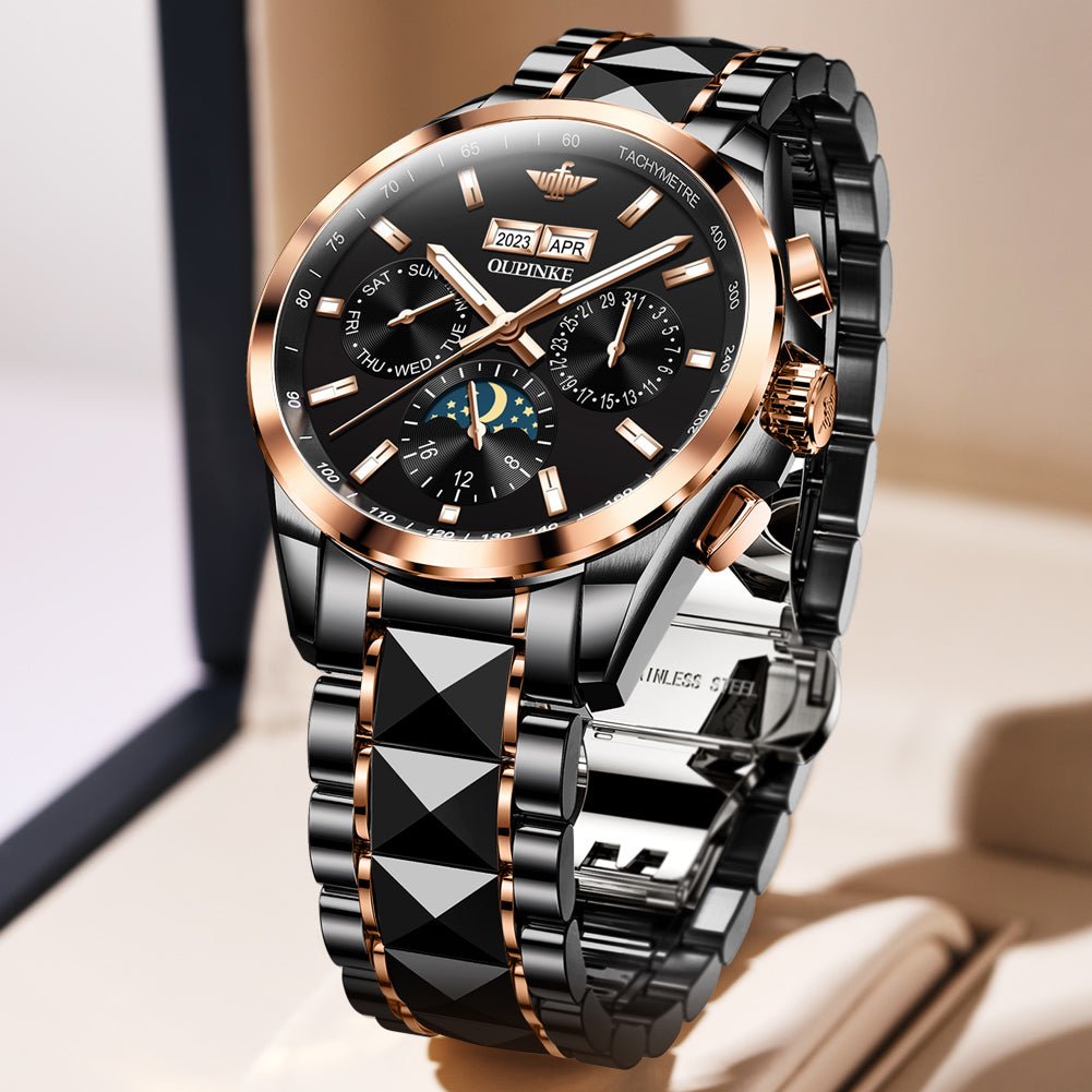 Luxury watch with black and rose gold design on a neutral background