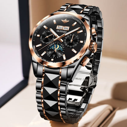 Luxury watch with black and rose gold design on a neutral background