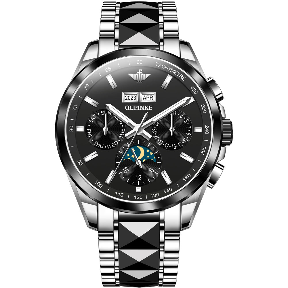 Quipinke watch with black and silver design on a white background