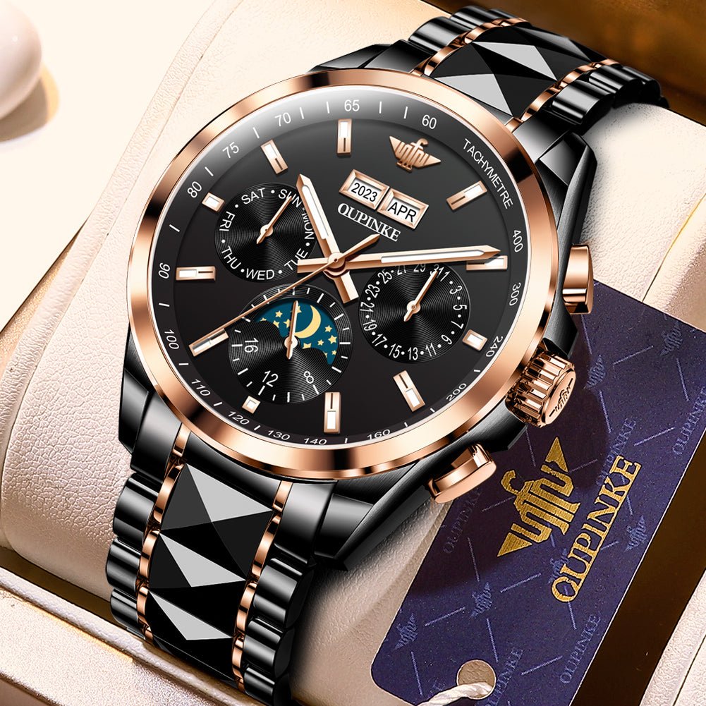 Luxury watch with black and rose gold design on a beige surface, featuring the brand 'QUPINKE'.