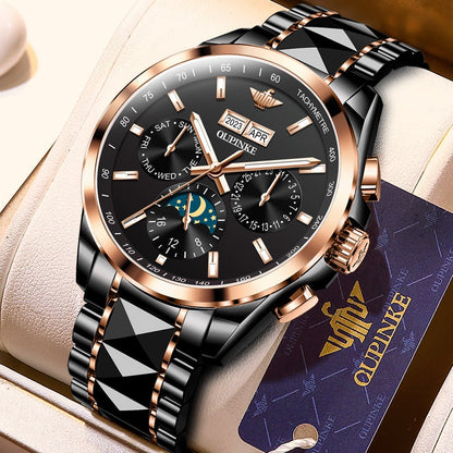 Luxury watch with black and rose gold design on a beige surface, featuring the brand 'QUPINKE'.