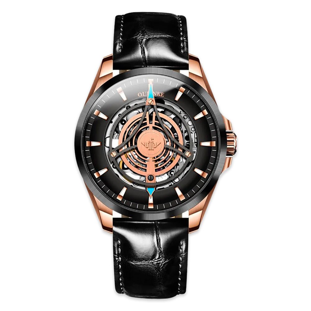 Retro Sport Men's Watch 3206 OUPINKE, JDRP Luxury, Rose Gold, Black Band,  Front Image