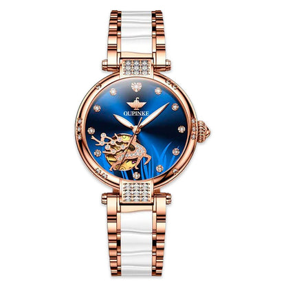 Royal Valet Ladies Watch 3211 OUPINKE, JDRP Luxury, Blue Face, Ceramic Bracelet, Front Image