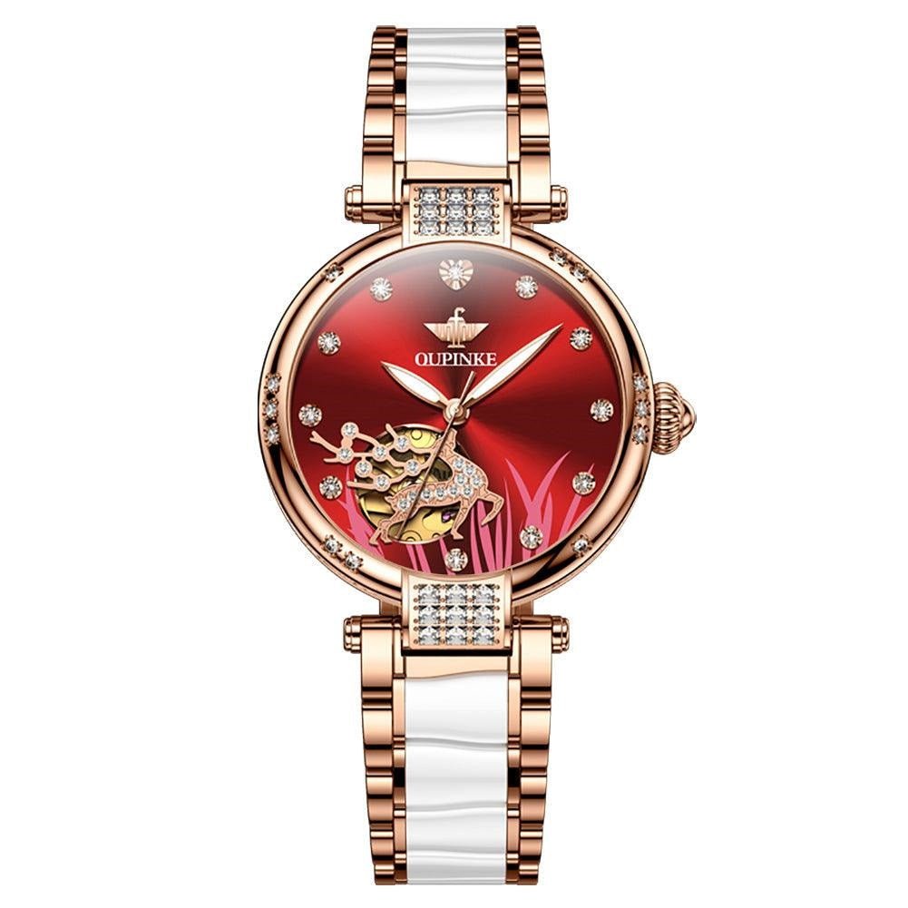 Royal Valet Ladies Watch 3211 OUPINKE, JDRP Luxury, Red Face, Ceramic Bracelet, Front Image