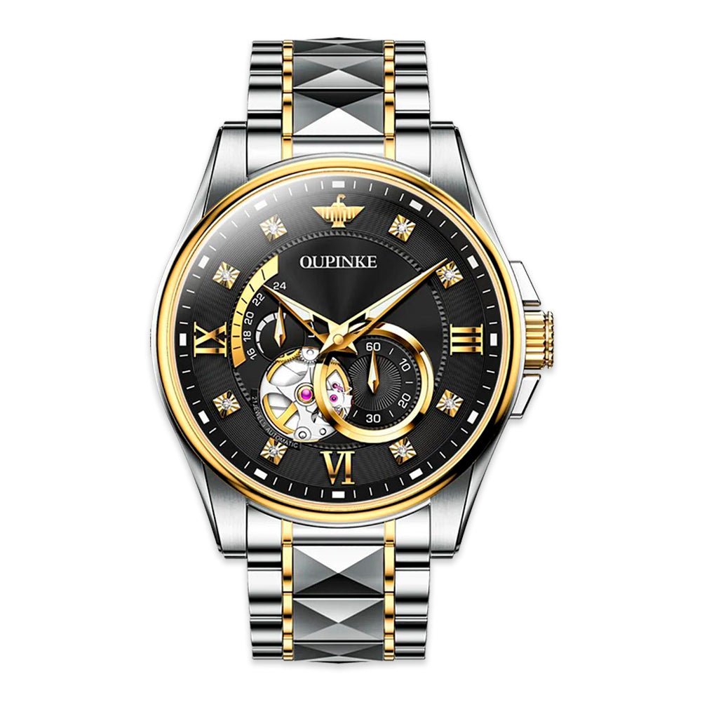 OUPINKE 3245 Series Men's Automatic Skeleton Watch, JDRP Luxury, Gold Black Face, Front Image