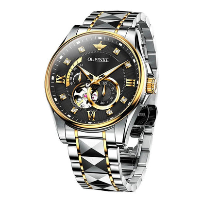 OUPINKE 3245 Series Men's Automatic Skeleton Watch, JDRP Luxury, Gold Black Face, Side Front Image