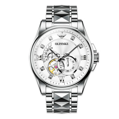 OUPINKE 3245 Series Men's Automatic Skeleton Watch, JDRP Luxury, White Face, Front Image