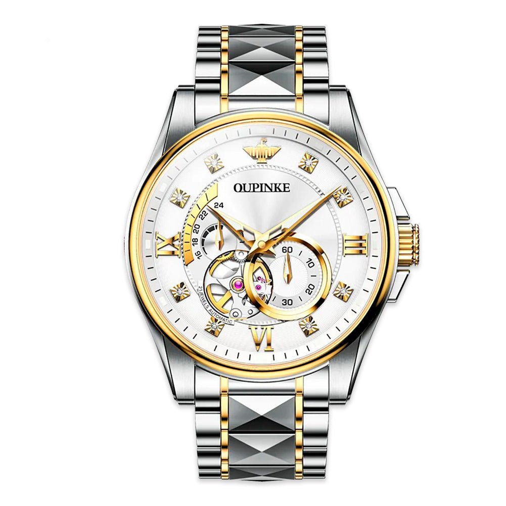 OUPINKE 3245 Series Men's Automatic Skeleton Watch, JDRP Luxury, Gold White Face, Front Image