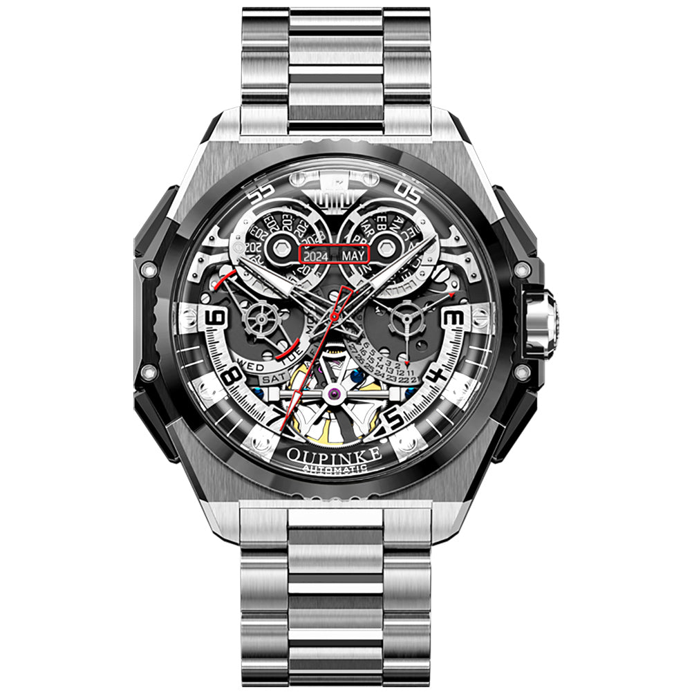 Silver watch with detailed face on a white background
