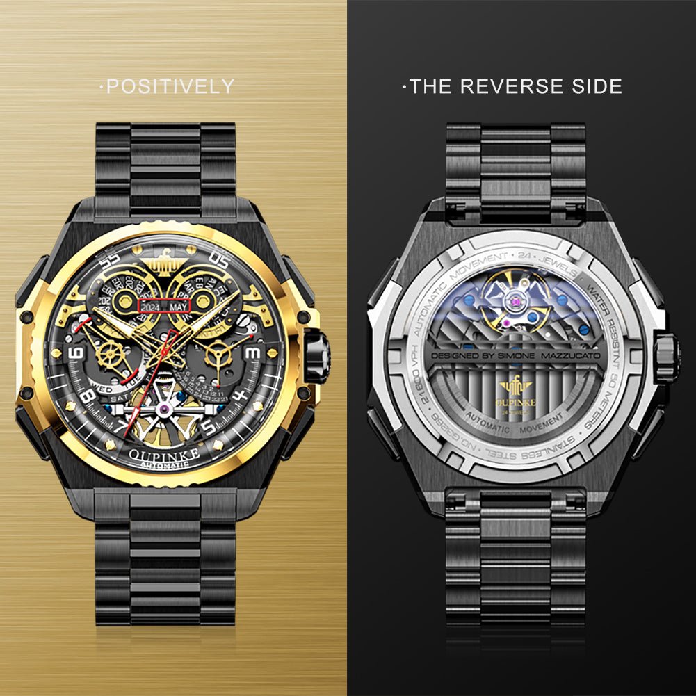 Two views of a luxury watch with gold and black design on a gold and black background. JDRP-Luxury Watches
