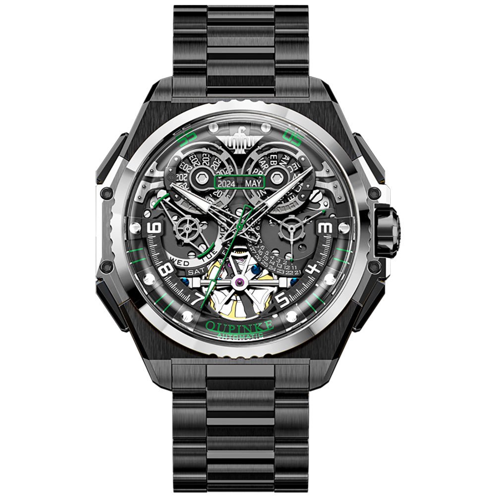 Luxury watch with a black strap and transparent face on a white background