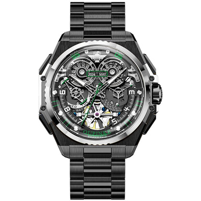 Luxury watch with a black strap and transparent face on a white background