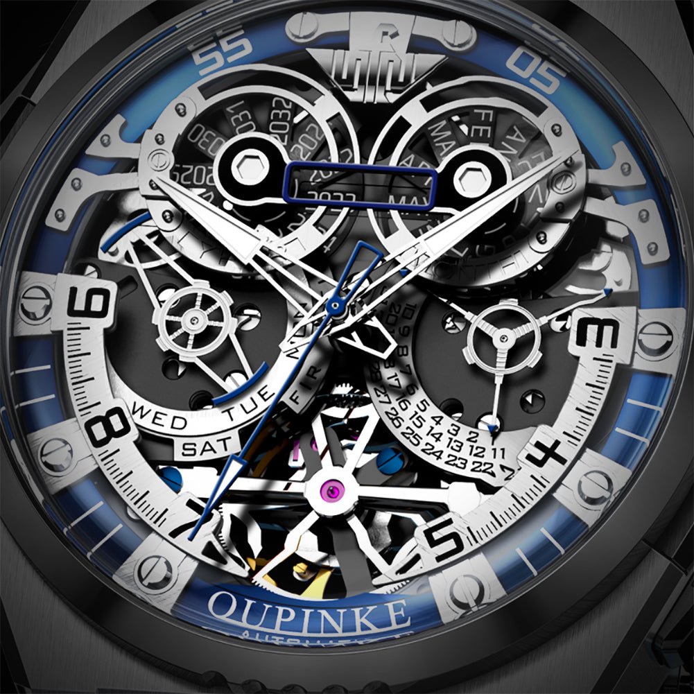 Close-up of a mechanical watch with visible brand name 'Oupinke'.