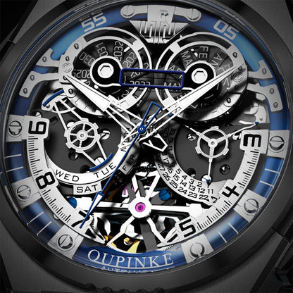 Close-up of a mechanical watch with visible brand name 'Oupinke'.