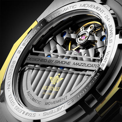 Close-up of a watch with visible brand name and intricate design