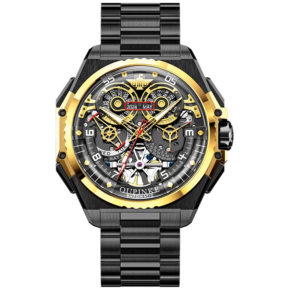 Luxury watch with black and gold design on a white background
