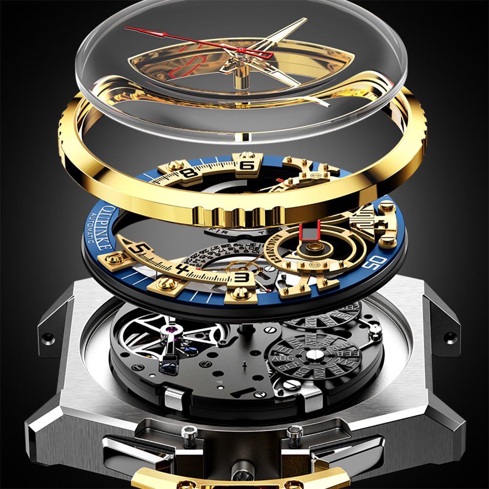 Close-up of a luxury watch with visible mechanical components on a black background