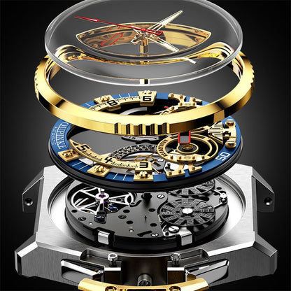 Close-up of a luxury watch with visible mechanical components on a black background