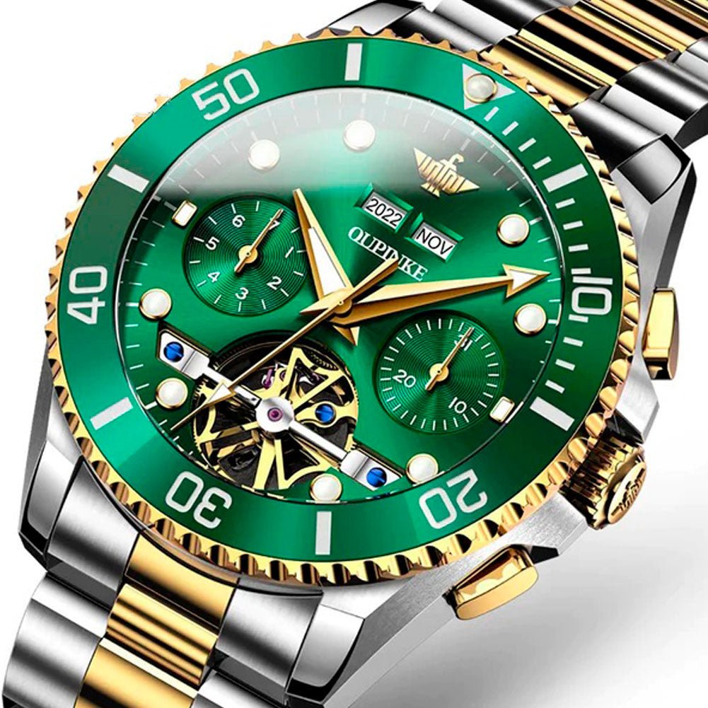 Submarine Mechanical Men's Watch 3229OUPINKE, JDRP Luxury, Gold Green Face, Angle Image, Crafted for Strength & the Outdoor Life Style