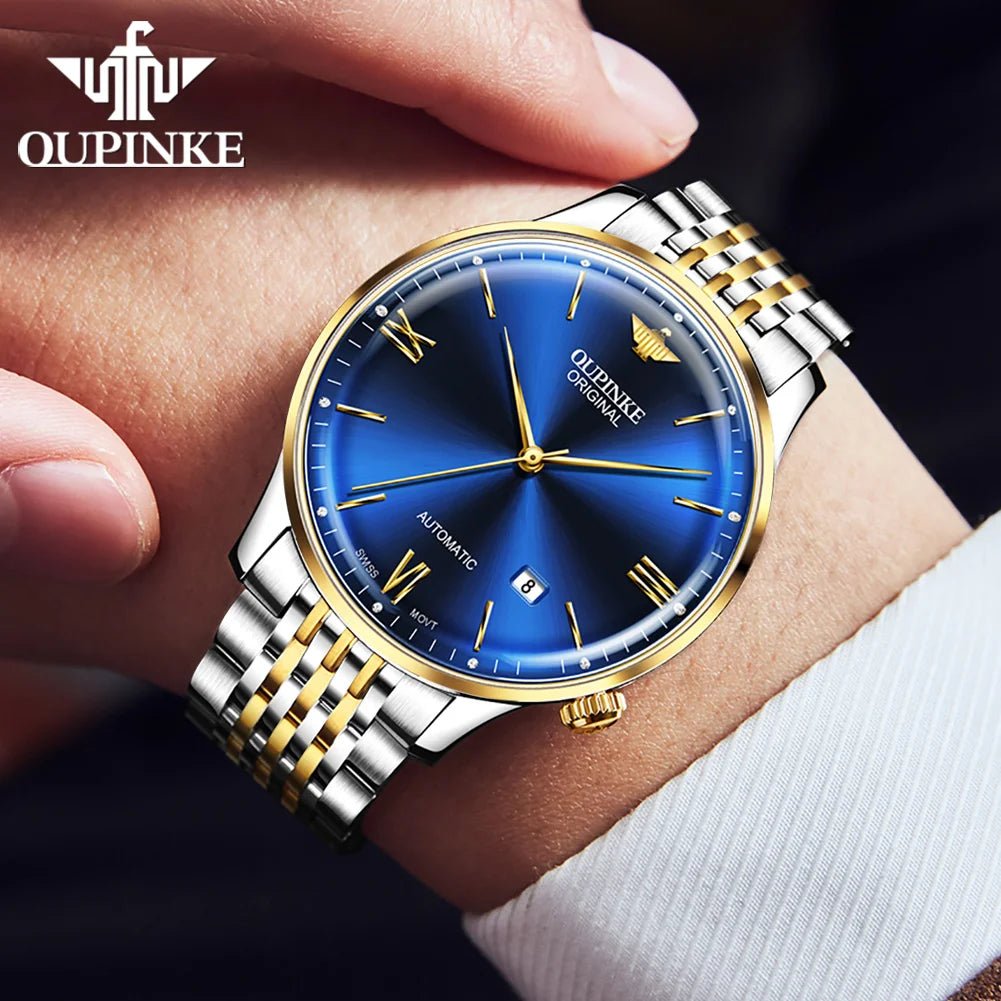 Swiss Ultra Thin Men's Watch 3269OUPINKESTEEL, JDRP Luxury, Golden Blue Face, Design Image